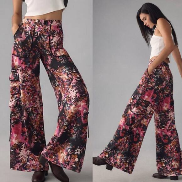 Anthropologie Palazzo Utility Cargo Pant $140 Pink Black Floral Flowy Size 10 - Picture 1 of 16
